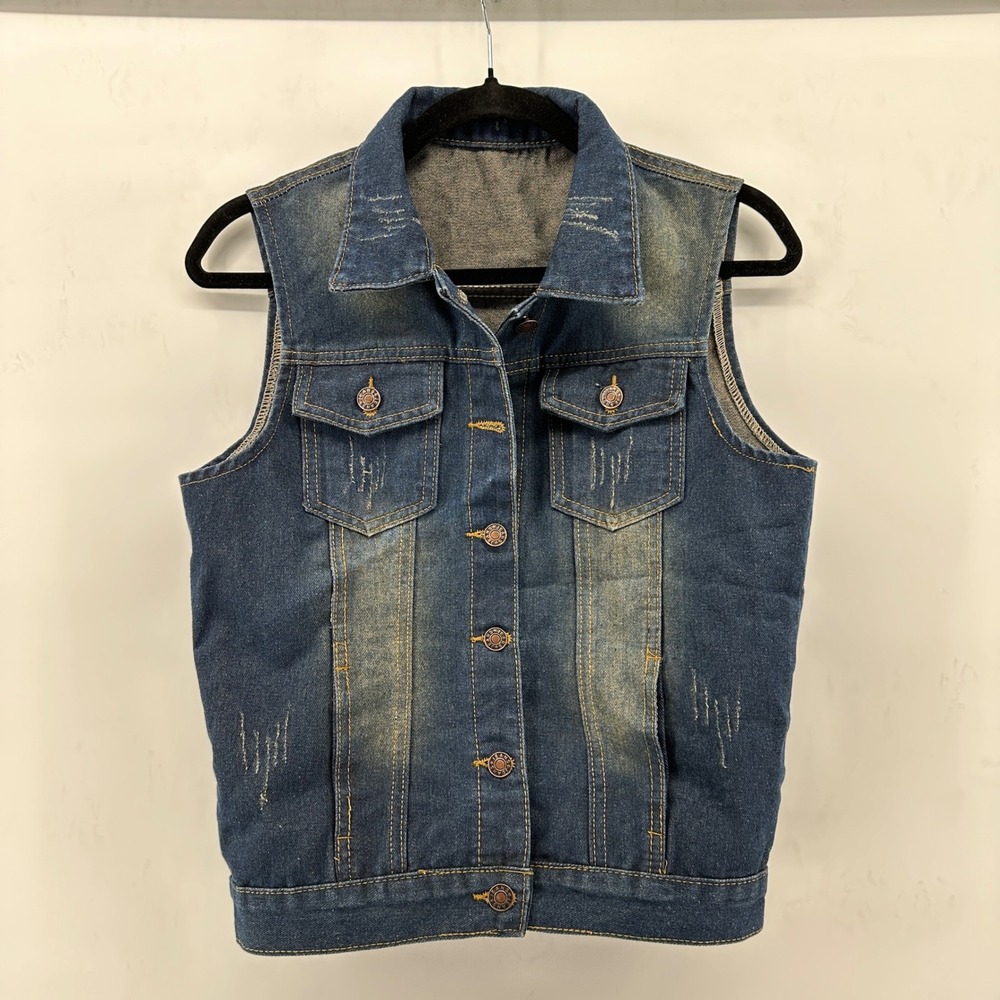 Cowoka Women's Casual Denim Slim Fit Frayed Sleeveless Vest with Pockets Size S